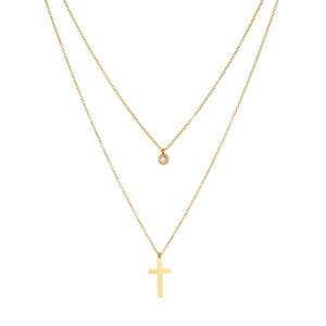 Layered Necklace Gold Plated Stainless Steel <b>Cross</b> Round Diamond Pendant Clavicle <b>Chain</b> Daily Wear Gift Jewelry - Product Image 5