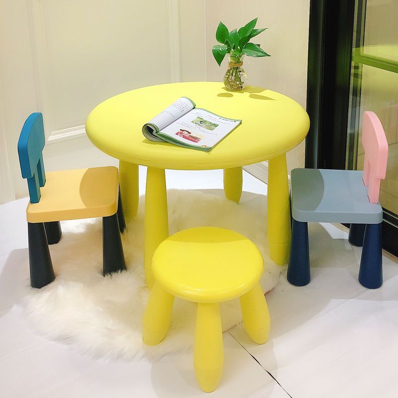 Yellow round table bench-yellow small back-grey powder sea blue
