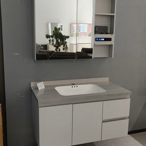 Meuble de salle de bain intelligent gris chaud avec rangement, double tiroir et double porte, lavabo blanc - Product Image 3