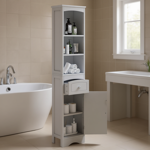 Mueble de Baño Alto Ajustable Gris Blanco con Cajón, Tablero MDF, Mueble de Almacenamiento Moderno Independiente - Product Image 2