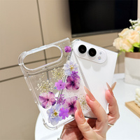 Coque de téléphone 3D avec fleurs séchées, paillettes et sequins pour iPhone 18 DUO, coque transparente en TPU époxy