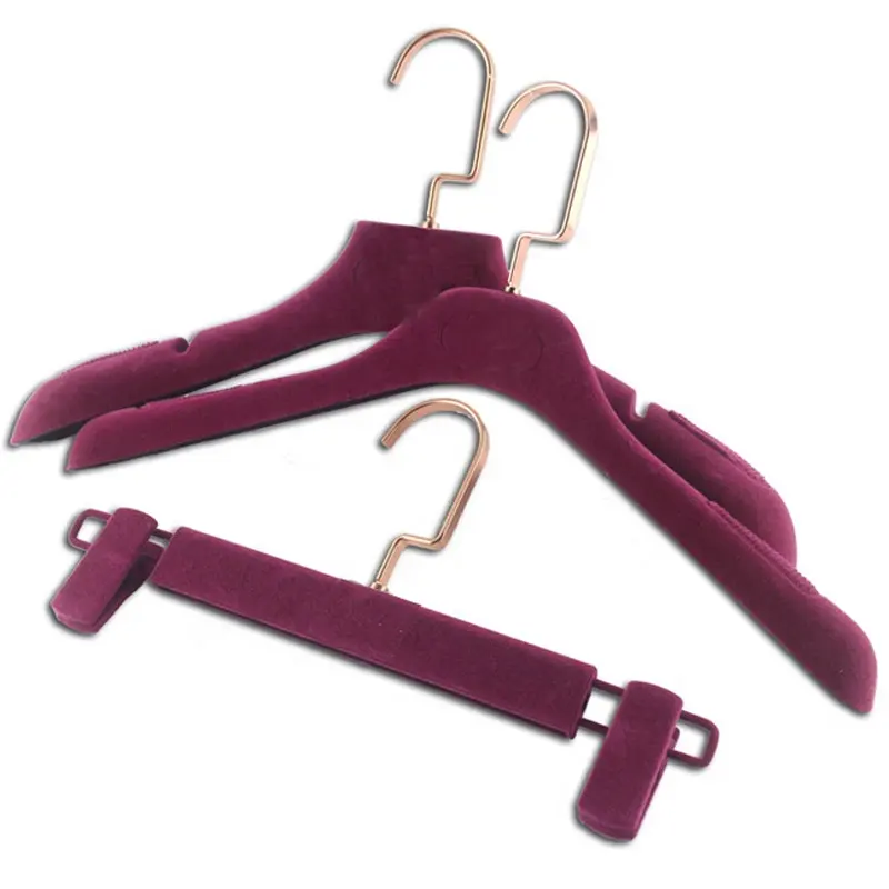 Großhandels preis Kunststoff Luxus Rose rot rutsch feste Samt Kleidung Hosen Kleiderbügel mit benutzer definierten Logo Kleiderbügel
