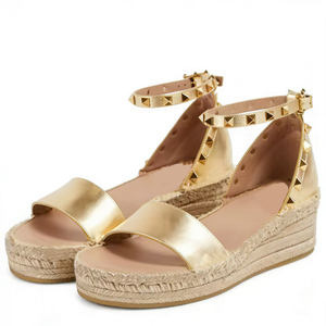 Sandales à talons compensés hauts pour femmes, en matériaux tressés, à bout ouvert, à bride unique, grande taille 45, coupe large, plateforme, avec rivets métalliques - Product Image 1