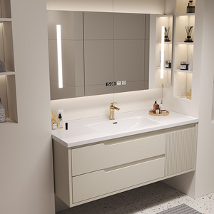 Meuble de salle de bain moderne en bois massif, lavabo intégré en céramique, lavabo minimaliste moderne - Product Image 6