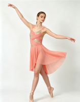 Costume de danse rose pêche avec paillettes dorées, robe de ballet moderne, bretelles spaghetti au dos, tenue de compétition de danse