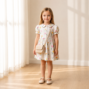Robe smockée à imprimé floral pour filles, manches courtes, col Peter Pan, volants, robe pour bébé fille, OEM ODM - Product Image 2