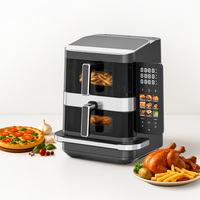 Four à friture sans huile 3 couches 6+4+10L 2800W en acier inoxydable avec double panier, contrôle numérique, 12 préréglages, fenêtres d'observation, synchronisation, sans huile