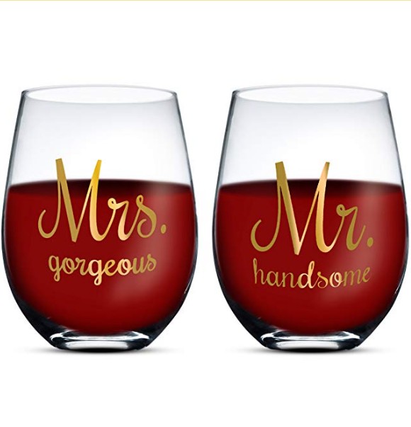 16oz Crystal Stemless Wine Glass Set for Wedding Couple Wine Glass Tumbler Mr right and Mrs always right