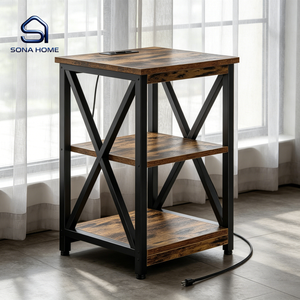 Tavolino <span class=keywords><strong>da</strong></span> <span class=keywords><strong>Salotto</strong></span> Stile Rustico con Presa USB e 3 Ripiani, Struttura in Metallo, Fornitura all'Ingrosso per Hotel, Appartamenti e Progetti di Arredamento - Product Image 1