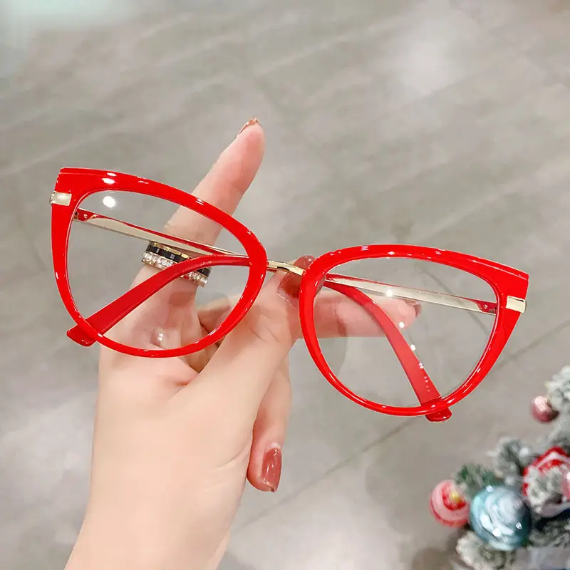 2022 Retro TR90 Metal Red Eyewear Transparent Anti blue Light Glasses Frame Women Cat Eye Specatcle Eyeglasses Frame