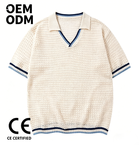 <span class=keywords><strong>Pull</strong></span> en tricot à col en V personnalisé, décontracté, avec logo, 100% coton, couleur unie, design estival, manches courtes, pour hommes, EDM/ODM - Product Image 1