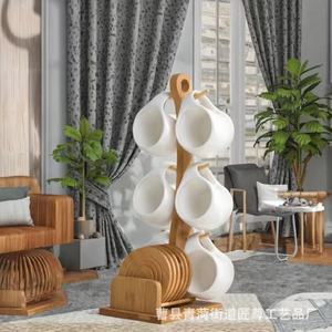 Wooden Coffee Tea <b>Set</b> With Bamboo Stand 3 Tier Ceramic Cups <b>Coasters</b> For Home Use - Product Image 1