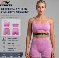 Ensemble de yoga sans couture délavé à l'acide pour femme, 2 pièces, tenue de sport côtelée avec soutien-gorge imprimé lettres et short froncé aux fesses, ensemble de sport pour la gym
