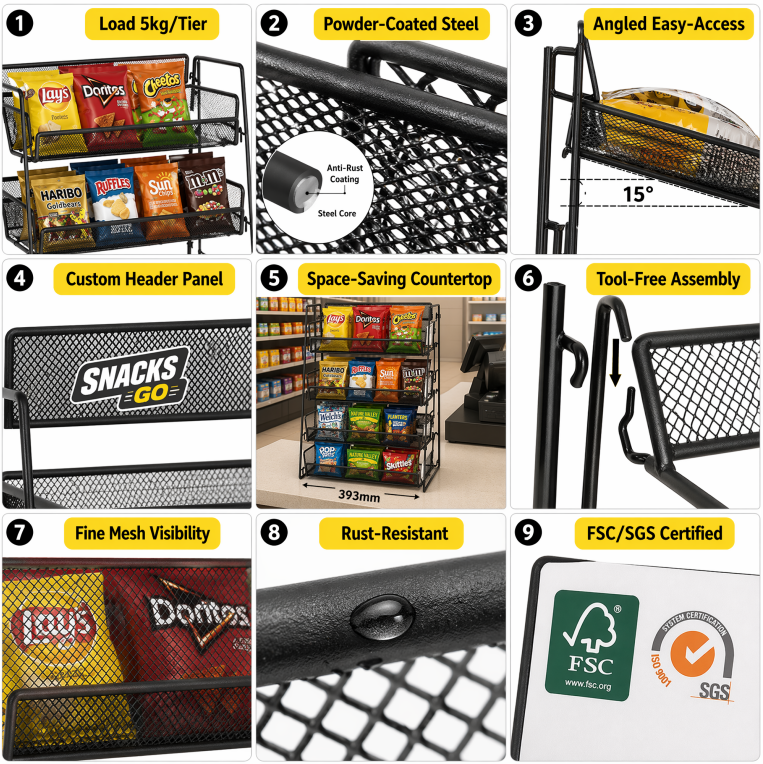 Custom Countertop Metal Wire Snack Display Rack Tiered Candy Impulse Buy Stand for Convenience Store Gas Station Checkout Counte — view 5