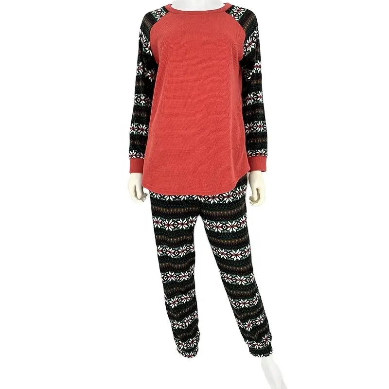 OEM FTY Logo Kustom Xxxxl Wanita Ukuran Plus Pakaian Natal Cetak Kostum Pakaian Tidur Wafel Dua Potong Set Vendor Manufaktur