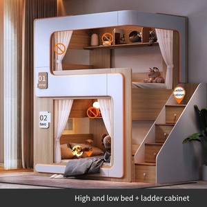 Modern Wooden Bunk Bed With LED Lighting <b>Shelves</b> and Stairs Space Saving Two Tier for Kids Room Bunk Bed - Product Image 5