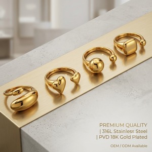 Bagues ouvertes en acier inoxydable 316L plaqué or 18 carats pour femmes, bijoux ajustables géométriques épais en forme <span class=keywords><strong>de</strong></span> cœur, boule et carré - Product Image 1