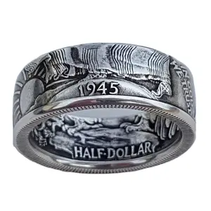 Cincin uang logam untuk pria, keluaran baru cincin setengah dolar berlapis emas Vintage