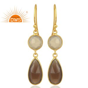 Pendientes de Calcedonia Gris Natural, Diseño de Gota, Chapados en Oro sobre Plata, Joyería de Piedras Preciosas al por Mayor para Mujer, Colección Vintage - Product Image 2