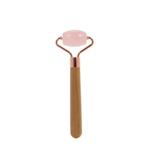Beauty skin care tool 100% natural crystal rose quartz mini wood handle jade stone eye massager, jade roller massager