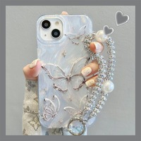 Coque de téléphone en silicone de luxe à motif papillon laser pour iPhone 17 16 15 Pro Max Plus, protection intégrale antichoc avec cordon diamanté