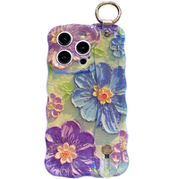 Coréen Bleu Peinture À L'huile Fleur Lentille iPhone Étui De Protection Nouveau Paquet Complet Anti-Chute avec PM Lanyard Made TPU + PC