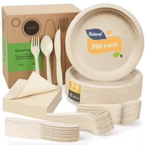 Isposable-Juego de cucharas y tenedores, juego de servilletas y cubiertos de papel para fiesta, platos de fibra de caña de azúcar