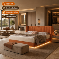 Solution de mobilier de chambre à coucher en bois flottant avec LED personnalisées, lit moelleux orange, armoire, matelas, table de chevet, coiffeuse, panneau mural, pour hôtel