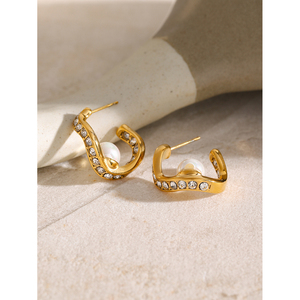 J & D anting-anting mutiara cangkang Hoop CC perhiasan kancing minimalis tekstur baja tahan karat PVD lapis emas 18K - Product Image 6