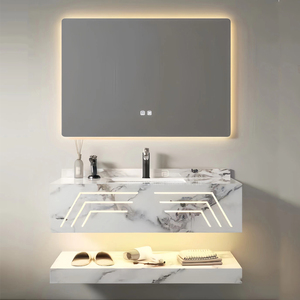 Mueble de Baño Flotante <span class=keywords><strong>con</strong></span> Lavabo de Superficie Sólida Personalizado, Lavabo de Mármol Sinterizado <span class=keywords><strong>con</strong></span> Espejo LED - Product Image 2