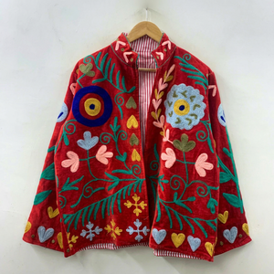 Chaqueta de Terciopelo Rojo Hecha a Mano para Mujer, Bordado Floral, Cuello Mao Elegante, Mangas Largas, Chaqueta Corta Étnica - Product Image 1