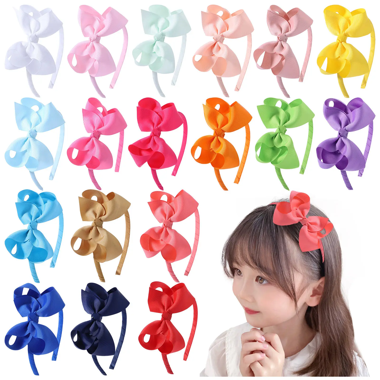 Top Selling Cute Solid Satin Color headband with Grosgrain Ribbon Hair Bow For Dancing Girls