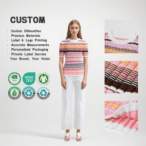 เสื้อสเวตเตอร์ถักแขนสั้นคอกลมสำหรับผู้หญิง ลายทางหลากสี เสื้อถักลายริบ ขายส่งเสื้อผ้าลำลองสำหรับผู้หญิงใส่ในฤดูร้อน - Product Image 1