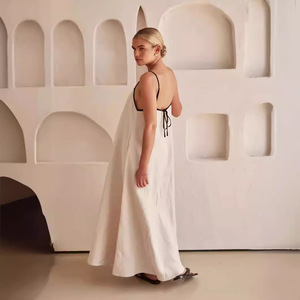 OEM personalizado de alta calidad de lino vestido largo sin espalda con tira Halter verano elegante vestidos casuales