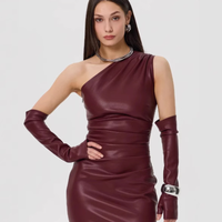 Robe moulante asymétrique sexy en similicuir PU pour femme avec gants, style club et fronces