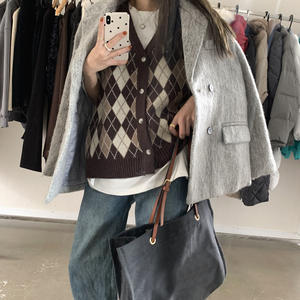 Chaleco de Punto Acrílico/Poliéster con Patrón de Diamantes Otoñales, Cuello en V con Botones, Estilo Preppy, Cárdigan para <span class=keywords><strong>Mujer</strong></span> - Product Image 2