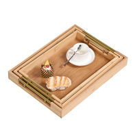 Plateau de service rectangulaire en bois écologique avec poignées métalliques robustes, sans BPA, pour la restauration, les tables à café