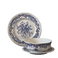Assiette, bol, tasse et soucoupe en porcelaine bleue à motif végétal rétro vintage français, passe au micro-ondes, pour mariage/anniversaire, usage domestique
