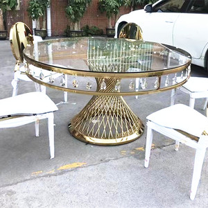 <strong>Glass</strong> Crystal Top Gold Metal Stainless Steel Round Dinner Luxury Wedding Banquet <strong>Table</strong> for 10 Chairs Events - Product Image 1
