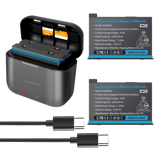 2 Packs 360 X3 Batteries with Charger Hub for Insta 360 ONE X3 Battery 1800mAh Insta 360 X3 Accessories with Misro Card Slots