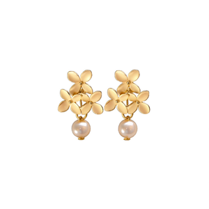 Pendientes de flor dorada con gota de perla sintética, joyería clásica para mujer para uso diario - Product Image 1