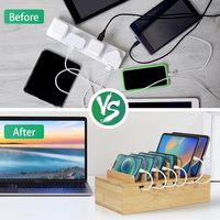 Station de charge verticale en bambou pour plusieurs appareils, organiseur de bureau compatible iPhone, inclut 6 câbles
