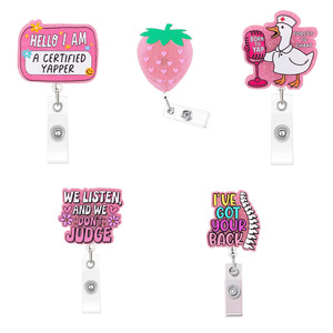 Sangle en acrylique à paillettes avec motif de fleur ronde et d'oie chantante. Badge rétractable amusant en anglais. - Product Image 1