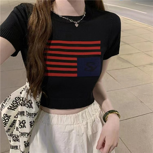 Nouveau T-shirt court tricoté rayé Spice Girls été 2024 pour femme, taille haute amincissante, polyvalent, style Ins - Product Image 2