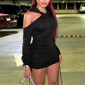 Autunno spalla fredda <span class=keywords><strong>felpa</strong></span> Mini abito da Club per le donne 2024 con cappuccio abito corto arricciato - Product Image 2