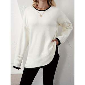Suéter Blanco con Ribete en Contraste y Abertura Lateral, Top de Punto de Manga Larga para Mujer - Product Image 3
