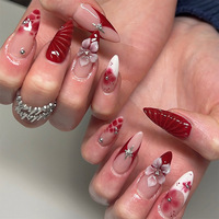 Kit de 30 faux ongles de luxe peints à la main, motif papillon et fleur, design cristal rouge bordeaux, pour femme, idéal comme cadeau
