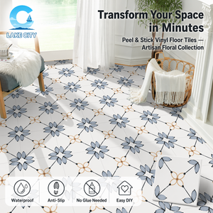 Adhesivo para azulejos de suelo con diseño floral azul retro mediterráneo, vinilo de PVC resistente al agua y al fuego, decoración del hogar - Product Image 1