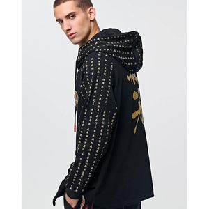 Sudadera con Capucha FOXA con Kanji Japonés para Hombre, Negra con Estampado Dorado en el Logotipo Trasero, Manga Regular, Tejido de Punto, Tallas Grandes - Product Image 3