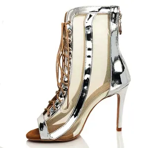 俄罗斯设计女性爵士舞靴银色舒适9厘米高跟鞋舞靴